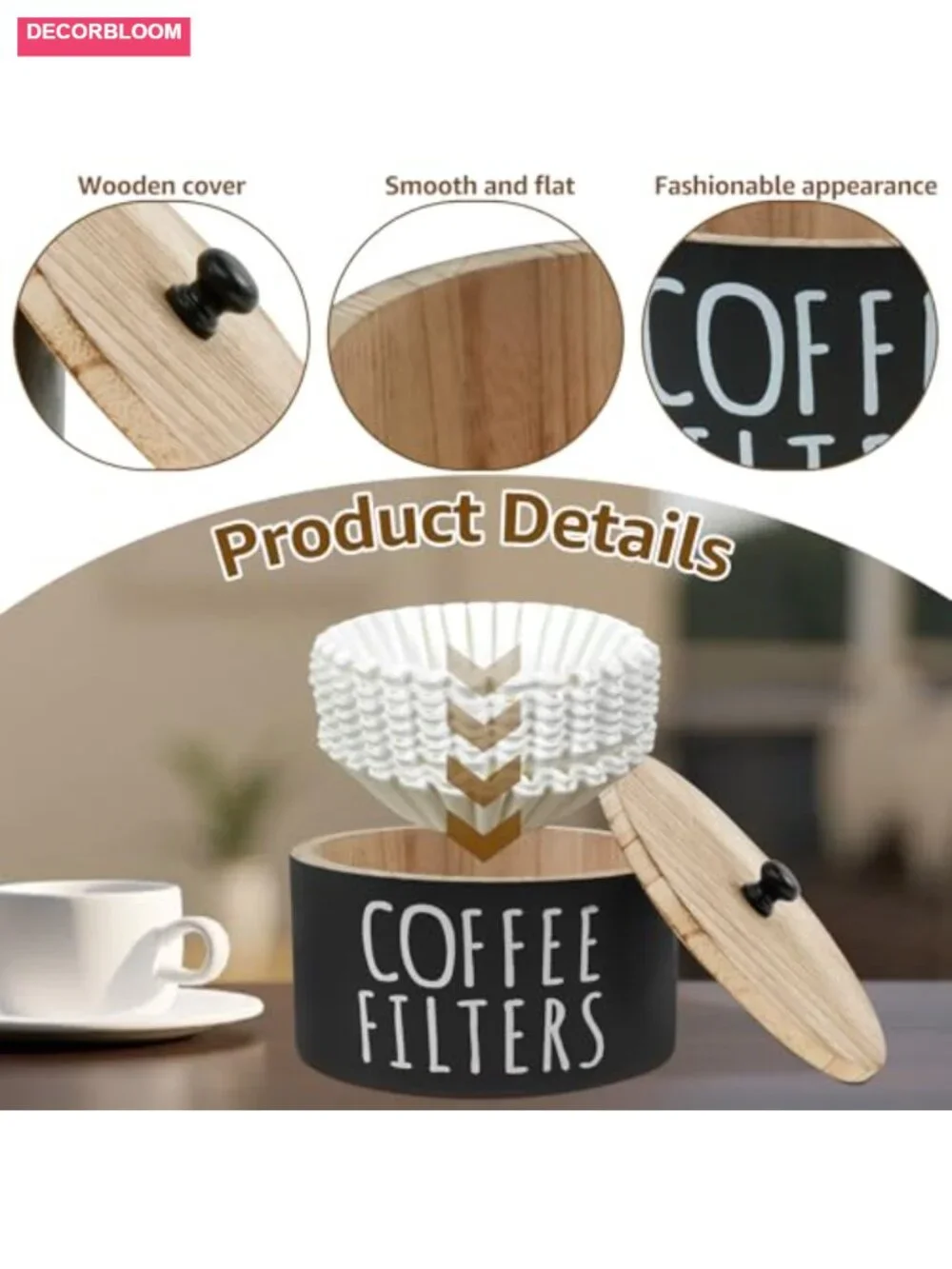 Wooden Coffee Filter Holder Storage with Bamboo Lid Rustic Organizer
